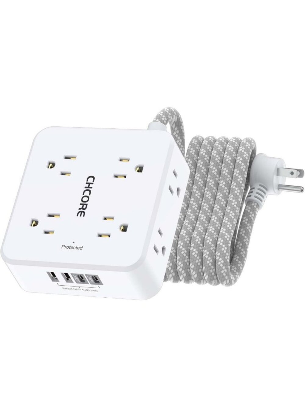 10 Ft Braided Surge Protector Power Strip, 8 Outlets & 4 USB Ports, Flat Plug